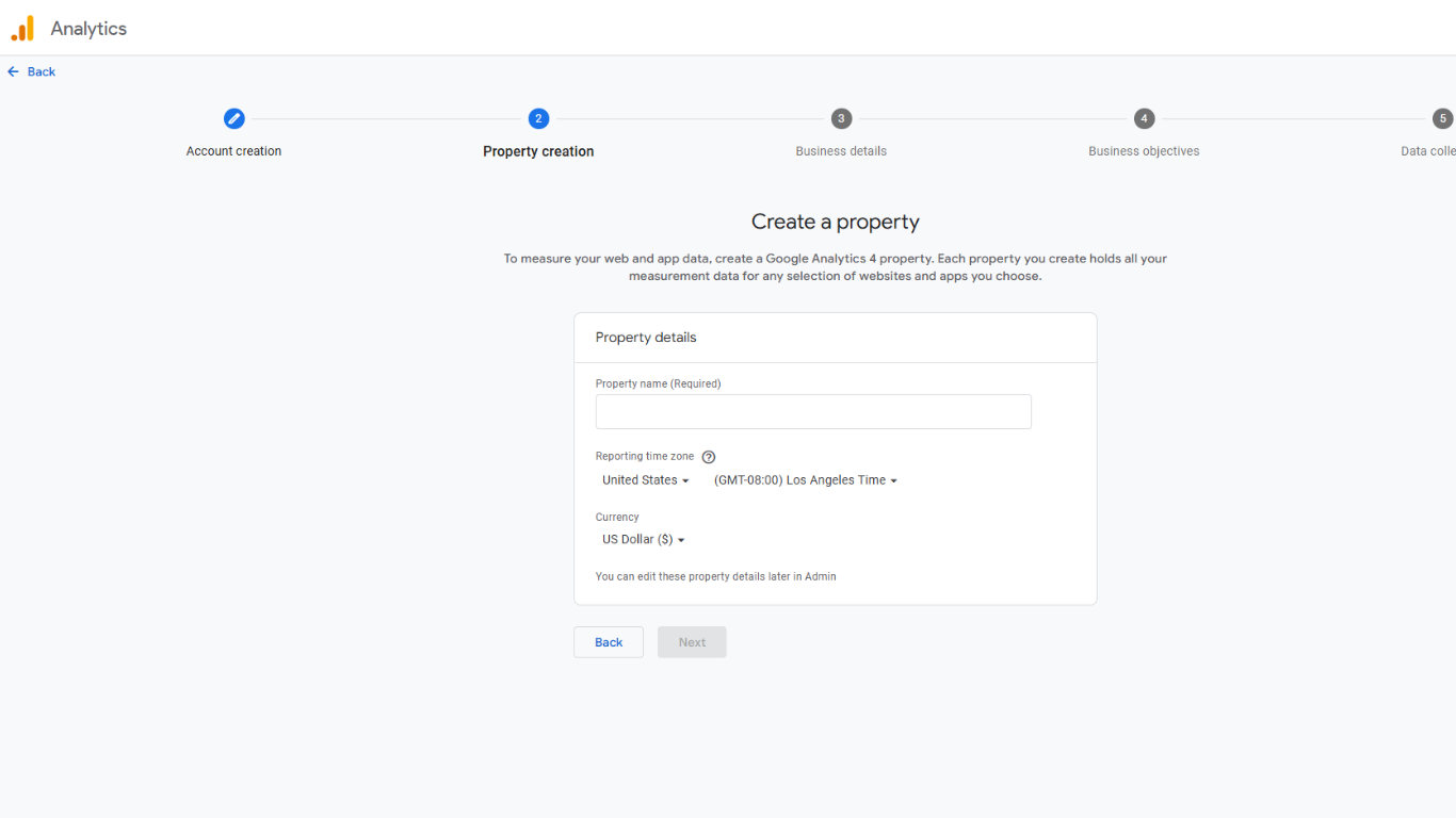 Google Analytics 4 create property screen with fields for property name, reporting time zone, and currency