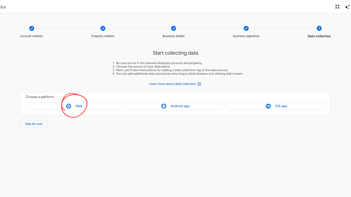 Google Analytics 4 data collection screen with Web platform option highlighted