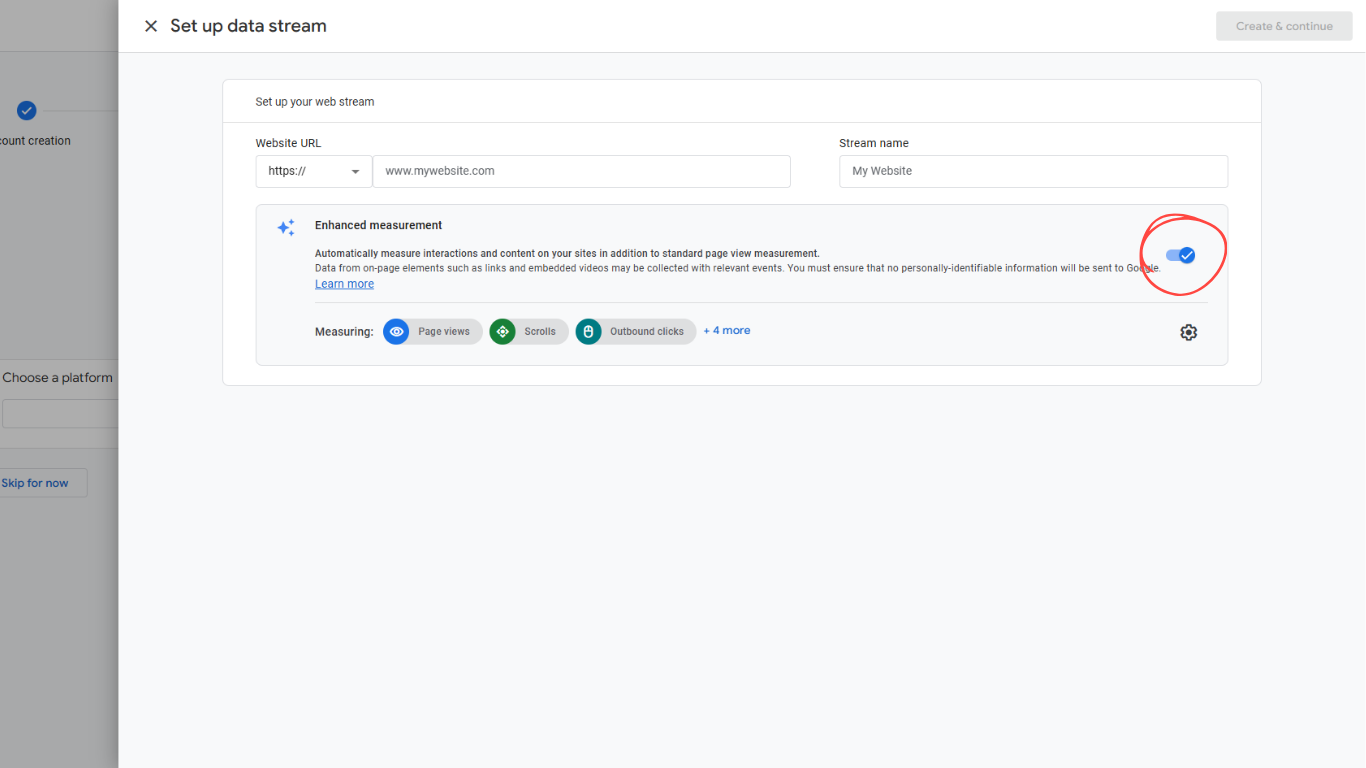 Google Analytics 4 set up data stream screen with website URL field, stream name field, and enhanced measurement section