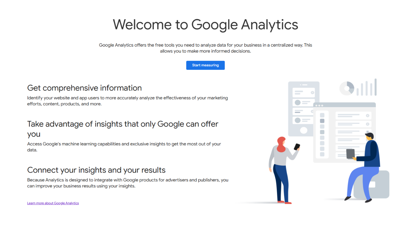 Google Analytics welcome screen with the Start measuring button to begin setup