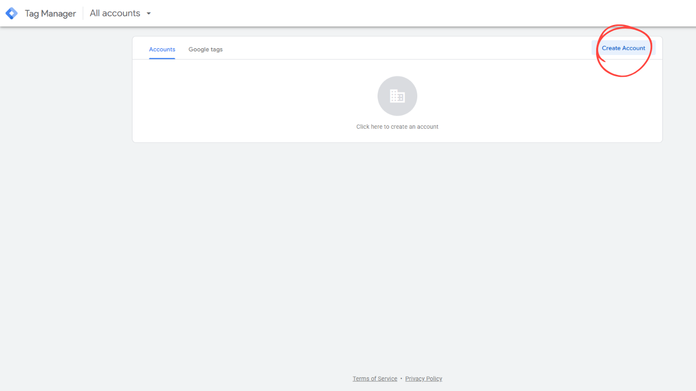 Google Tag Manager accounts page with the Create Account button highlighted in the top right corner