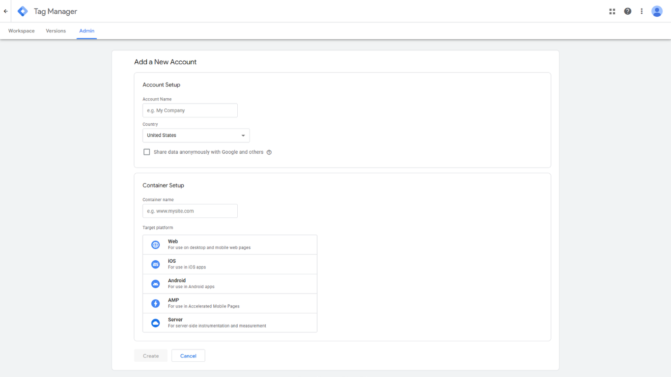 Google Tag Manager add a new account screen showing account setup fields and container setup with platform options