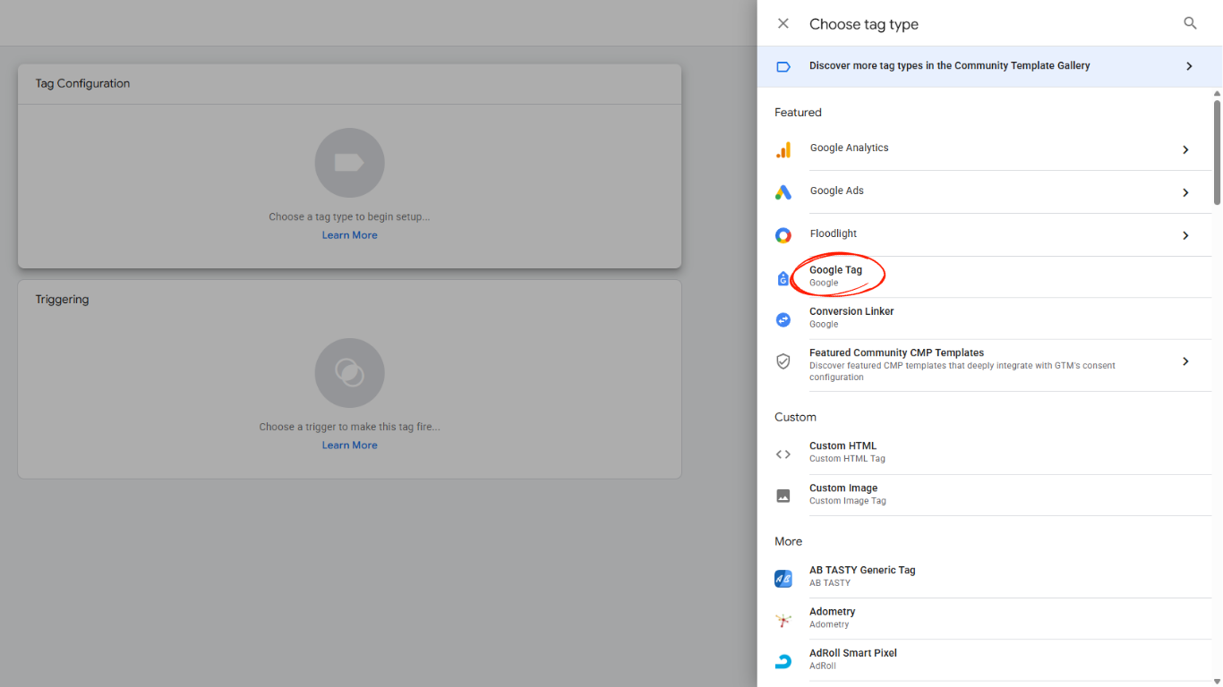 Google Tag Manager choose tag type panel with Google Tag option highlighted