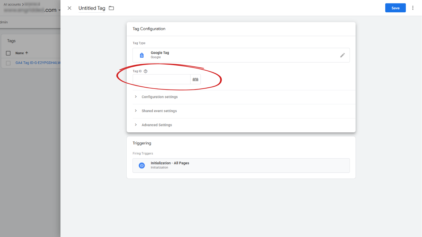 Google Tag Manager Google Tag configuration screen with the Tag ID field highlighted