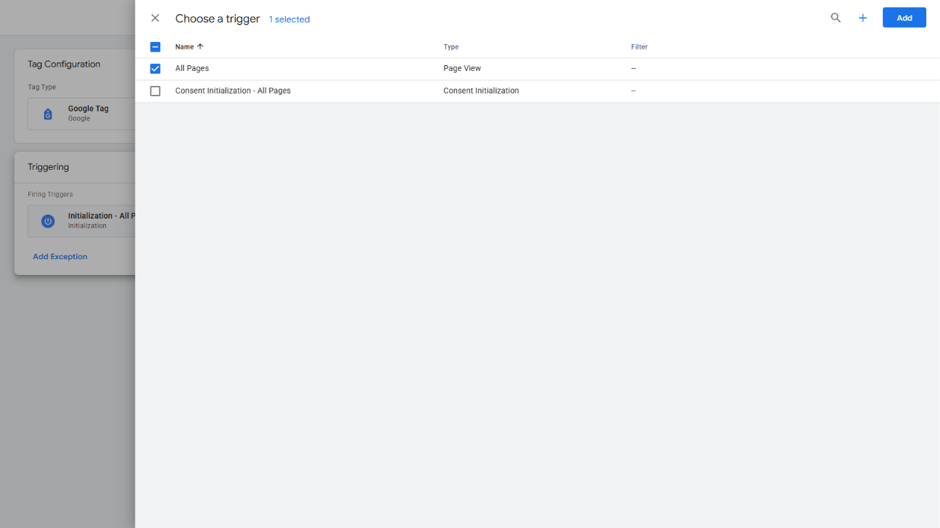 Google Tag Manager choose a trigger screen with All Pages page view trigger selected