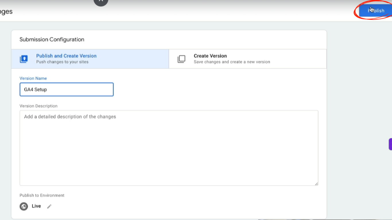 Google Tag Manager submission configuration screen with the Publish button highlighted