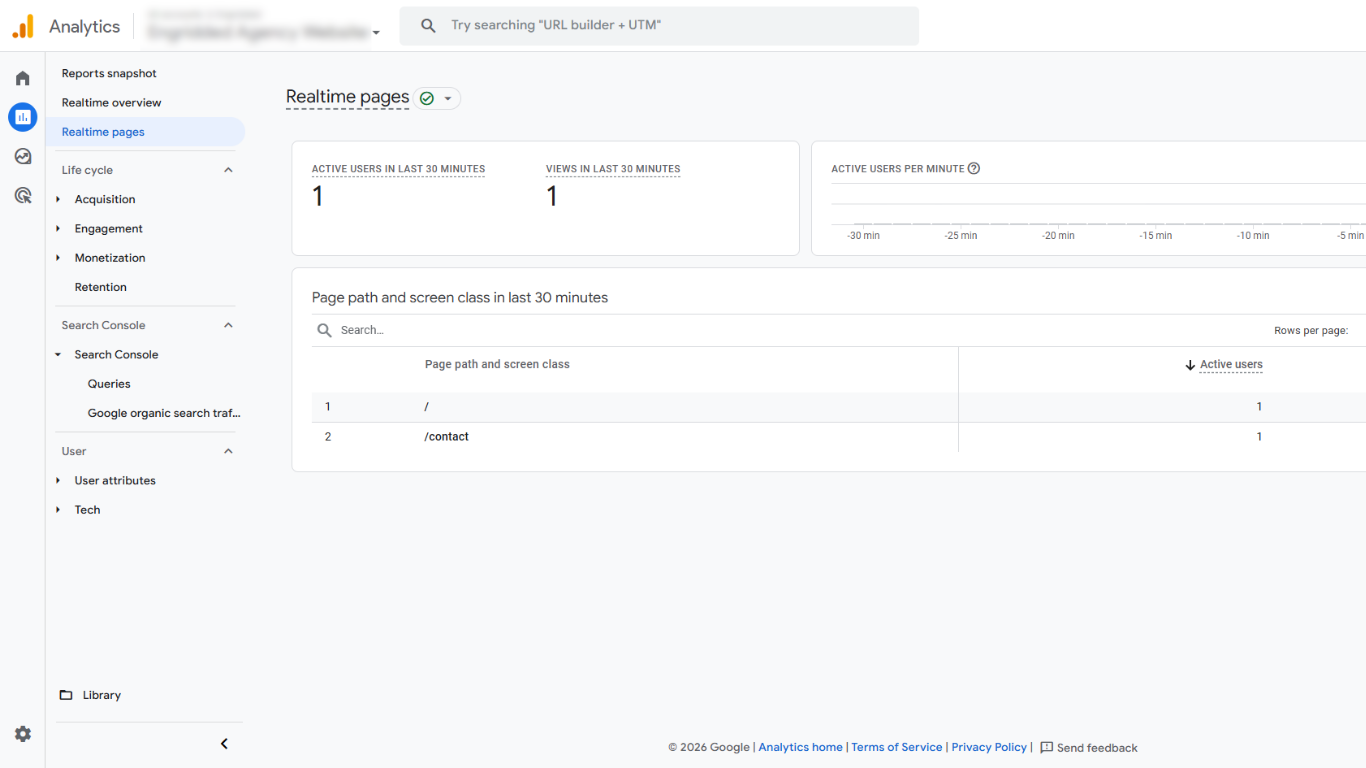 Google Analytics 4 Realtime pages report showing active users and page paths in the last 30 minutes