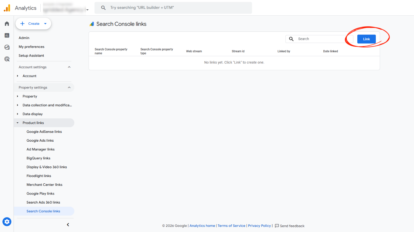 Google Analytics 4 Search Console links page with the Link button highlighted