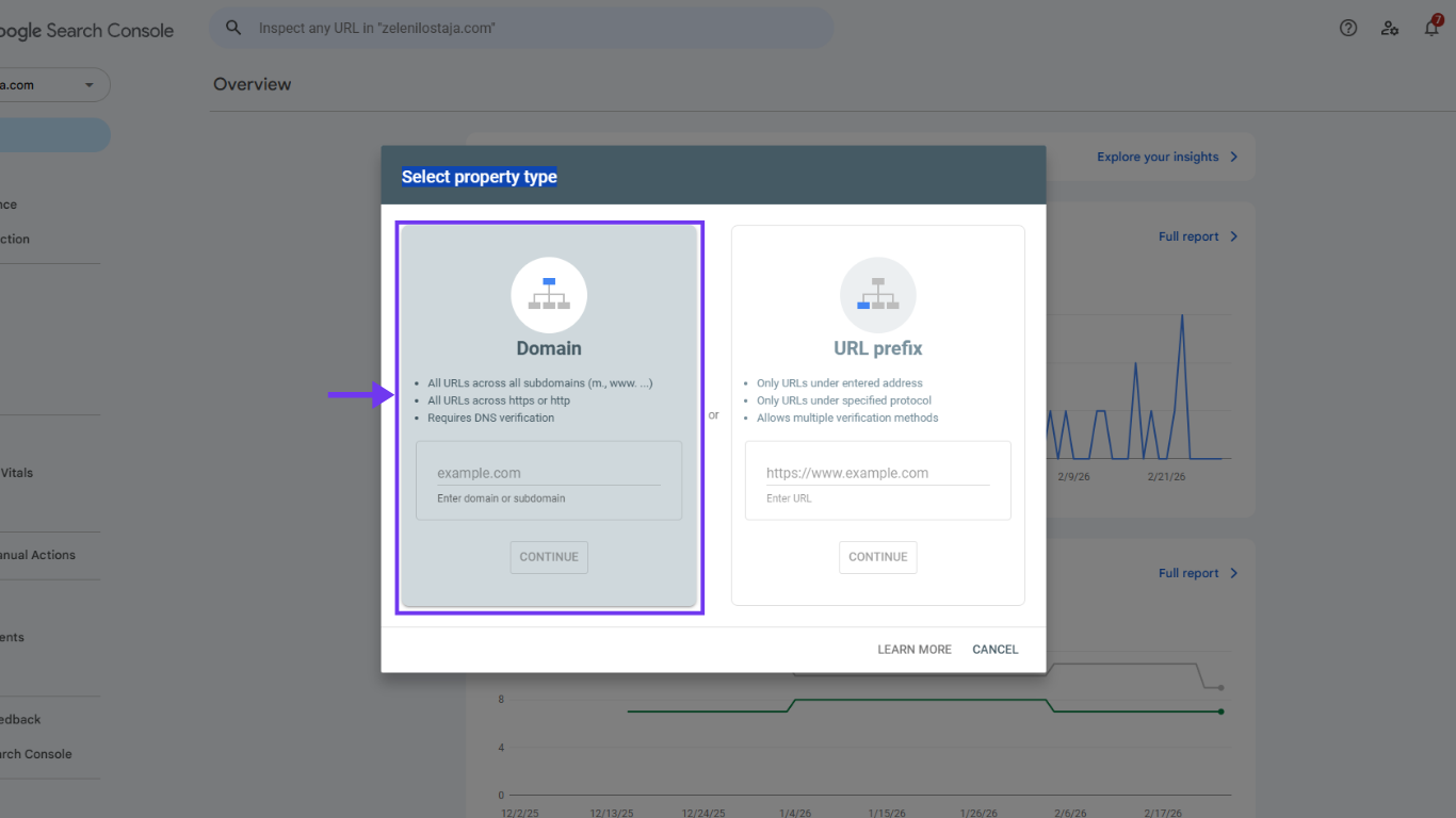 Google Search Console select property type screen with Domain property option highlighted
