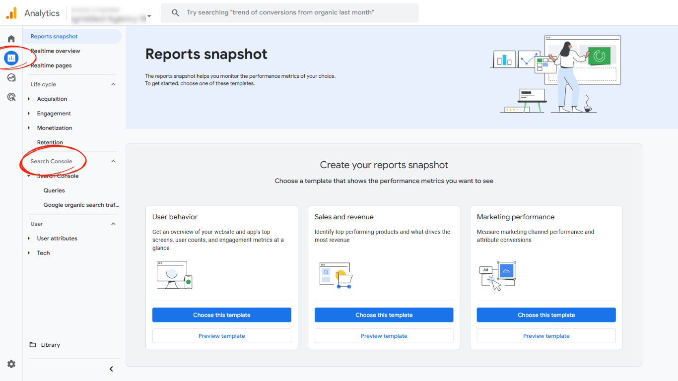 Google Analytics 4 reports navigation with the Search Console section highlighted in the left sidebar