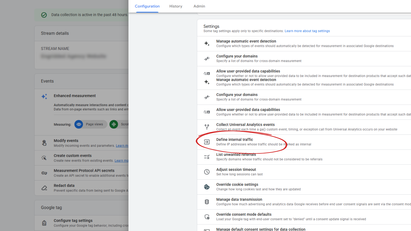 Google Analytics 4 configuration settings page with Define internal traffic option highlighted