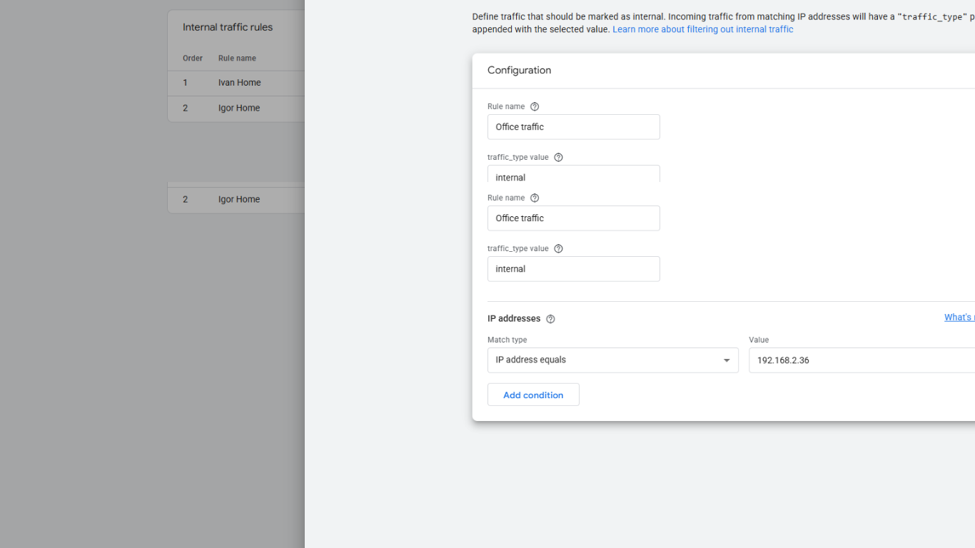 Google Analytics 4 internal traffic rule configuration showing rule name, traffic type value, and IP address condition