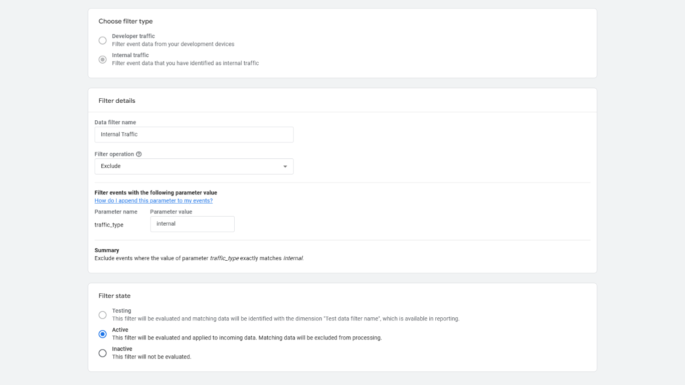 Google Analytics 4 internal traffic data filter settings showing exclude operation and traffic_type parameter value internal