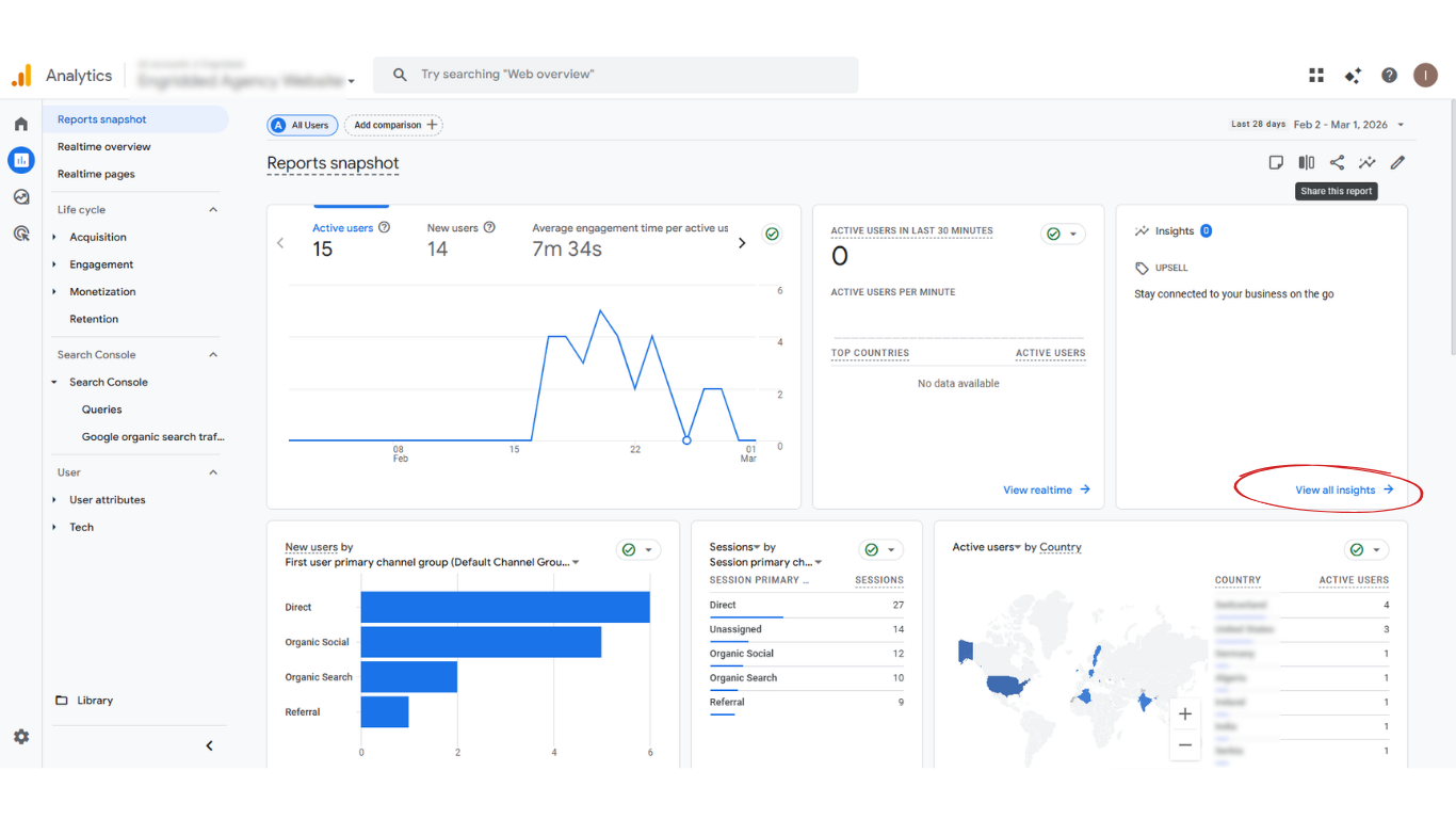 Google Analytics 4 Reports snapshot dashboard with the View all insights button highlighted
