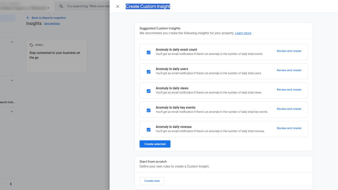 Google Analytics 4 Create Custom Insight panel showing suggested anomaly alerts for users, events, views, and revenue