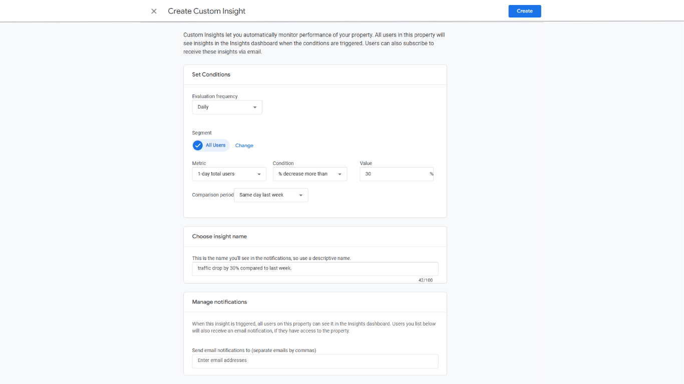 Google Analytics 4 custom insight configuration screen showing daily evaluation, metric selection, percentage change condition, and comparison period settings
