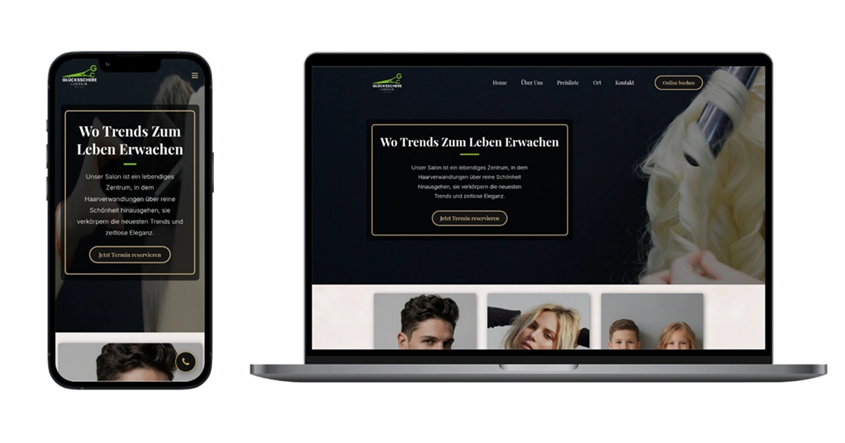 Image showing the Glücksschere Coiffeur Smart Website design on desktop and mobile, featuring modern layout, SEO-friendly structure, and online booking system for a beauty salon.