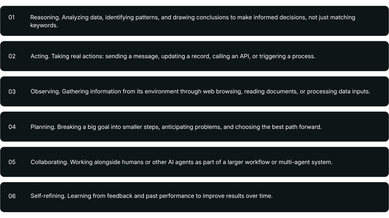 six core capabilities of ai agents including reasoning, acting, observing, planning, collaborating, and self-refining