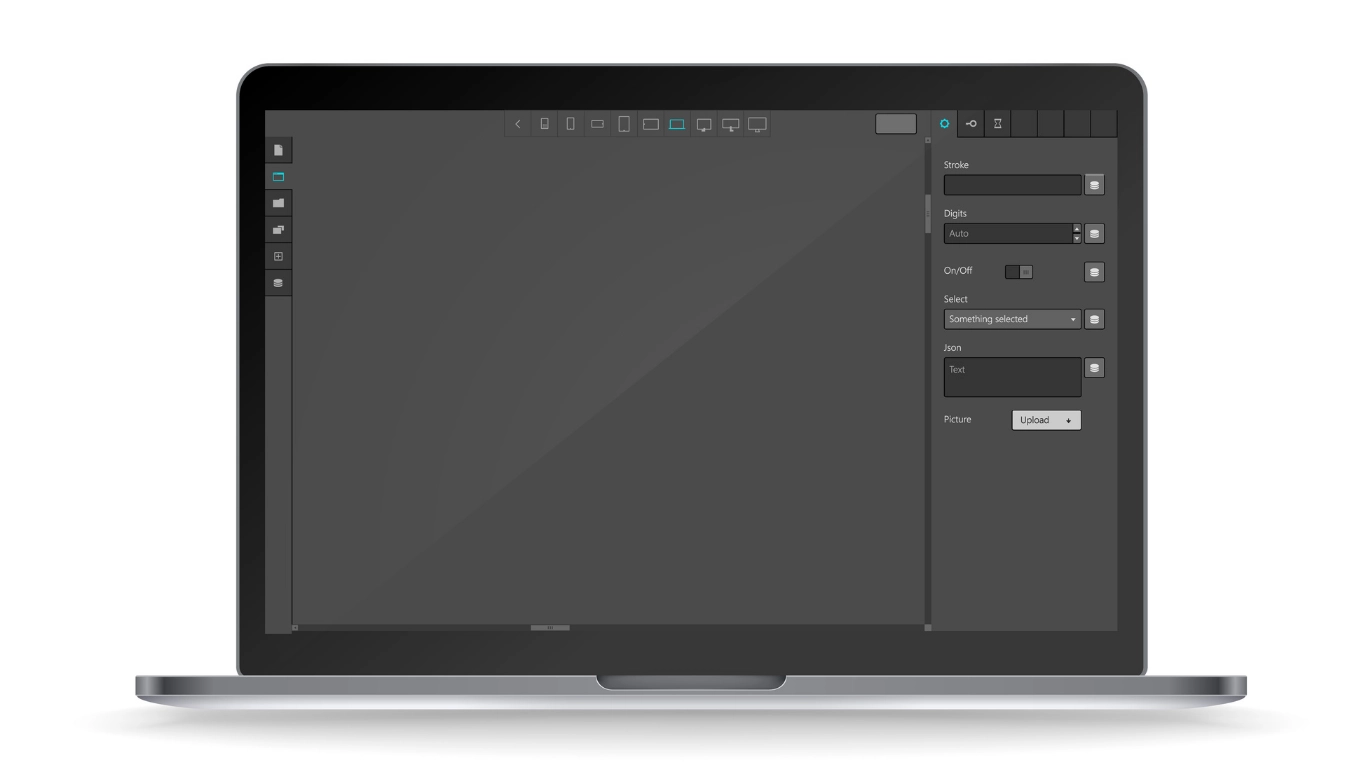 Laptop mockup displaying a clean visual website builder interface and design tools