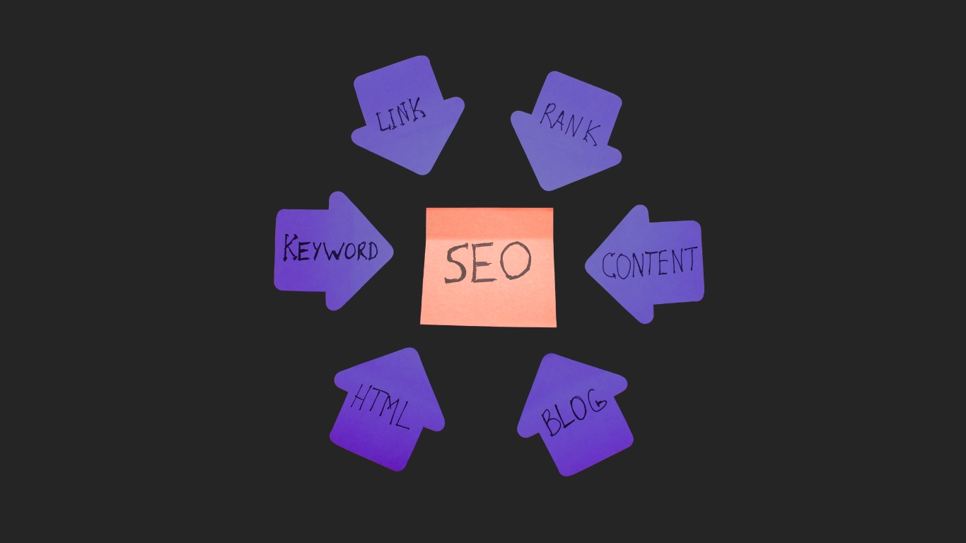 Purple sticky note arrows pointing to a central orange SEO note, showing key components: Link, Rank, Keyword, Content, HTML, Blog