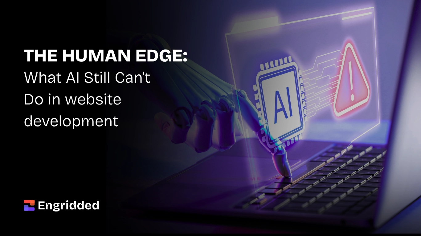 Robotic hand touching a laptop keyboard with a glowing AI chip and warning triangle on screen, with The Human Edge blog title and Engridded branding