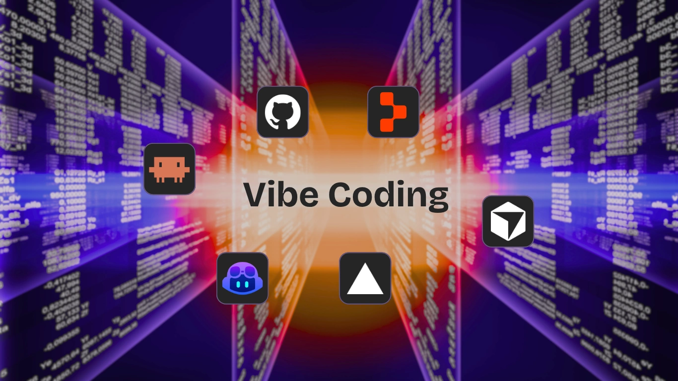 A stylized graphic displaying the text "Vibe Coding" surrounded by various development tool icons, including GitHub, set against a background of glowing code, illustrating the intersection of AI and traditional development tools.