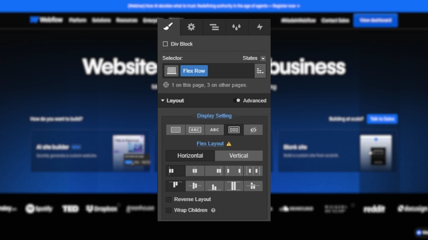 A screenshot of a professional visual development interface, specifically Webflow, showing a settings panel overlaying a clean, grid-based website layout, demonstrating modern no-code architecture.