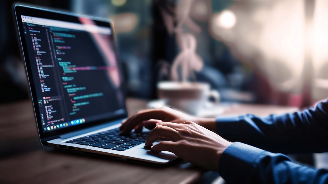 : A close-up view of a developer's hands typing on a laptop keyboard, with complex, custom code visible on the screen, representing the nature of low-coding.