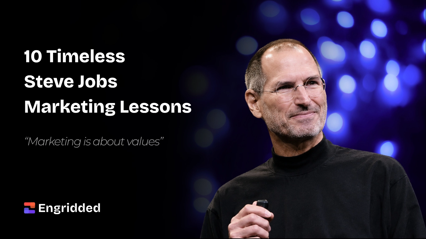 Steve Jobs on stage in his signature black turtleneck, next to the article title '10 Timeless Steve Jobs Marketing Lessons' and the quote 'Marketing is about values'.