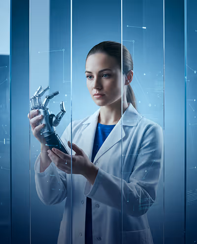 Scientist in a white lab coat examining a robotic prosthetic hand with a focused expression.