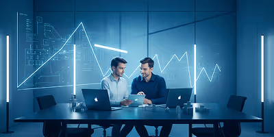 Two men sitting at a table with laptops, discussing data charts displayed on a transparent screen.