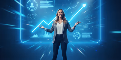 Confident businesswoman standing with arms open in front of glowing digital financial graphs and charts.