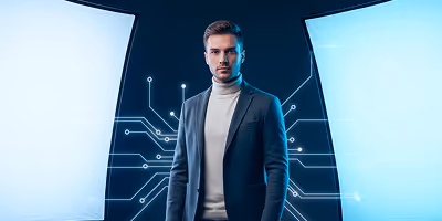 Man wearing a suit stands between two glowing light panels with circuit-like lines extending behind him on a dark background.