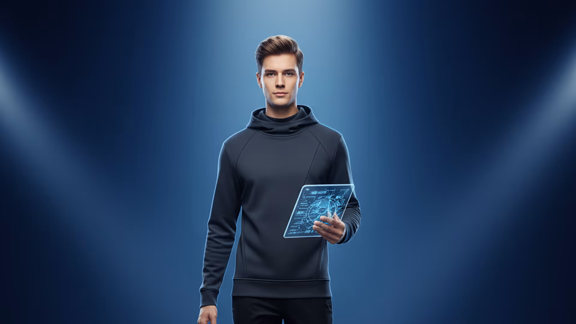 Young man in a dark hoodie holding a futuristic transparent digital tablet with holographic interface against a blue spotlight background.