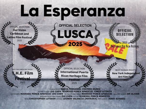 Poster for the film La Esperanza featuring a glowing map of Puerto Rico and various 2025 film festival official selection laurels.