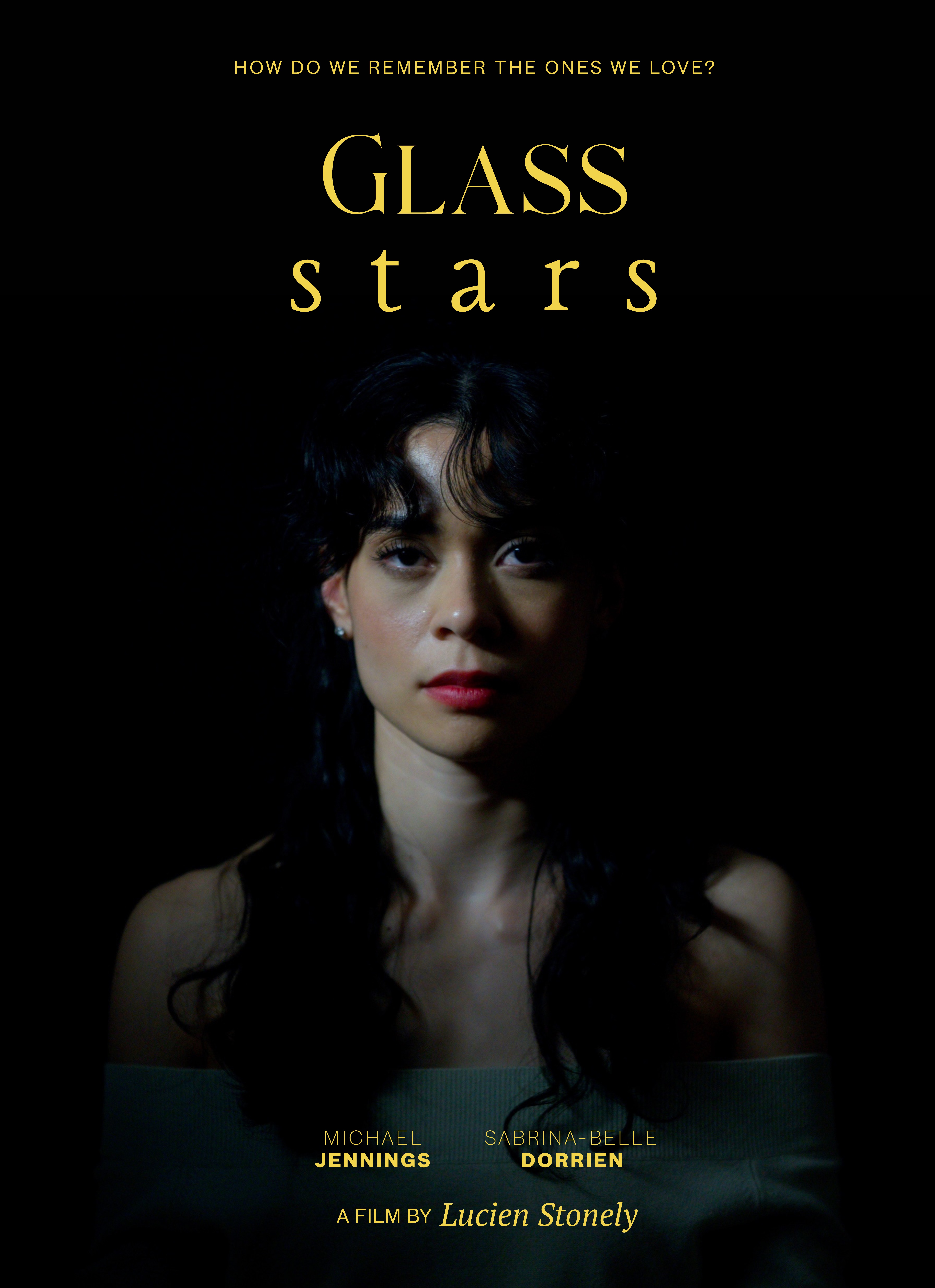Side profile of a young woman with long dark hair, eyes closed, wearing a sleeveless top, with text overlay 'NADINE' and 'Student film by Ekaterina Kots'.