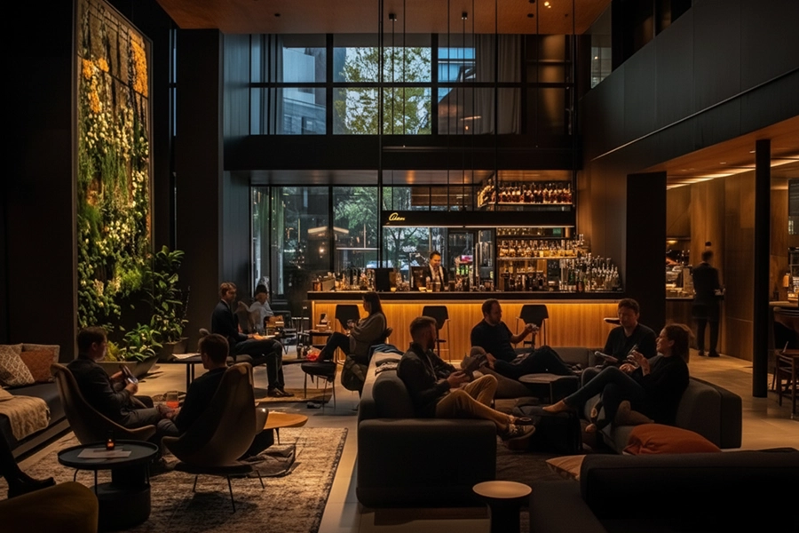 Moderne Hotel-Lobby mit Bar und Gästen – zeigt den Einsatz lizenzfreier Musik von gosh zur Schaffung einer angenehmen Atmosphäre in Hotels, Restaurants und Geschäften.