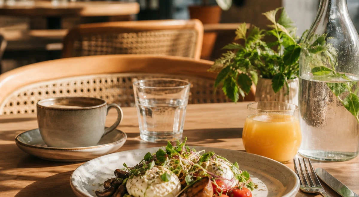 Frühstück mit Eiern, frischem Grün, Kaffee, Wasser und Orangensaft in gemütlichem Café.