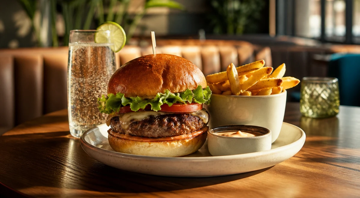 Burger mit Salat, Tomate und Käse, Pommes und Dip, dazu ein Getränk mit Limettenscheibe.