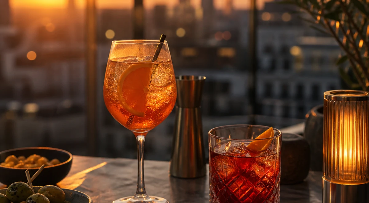 Zwei Cocktails mit Eis und Orangenscheiben auf Tisch bei Sonnenuntergang mit Stadtblick im Hintergrund.
