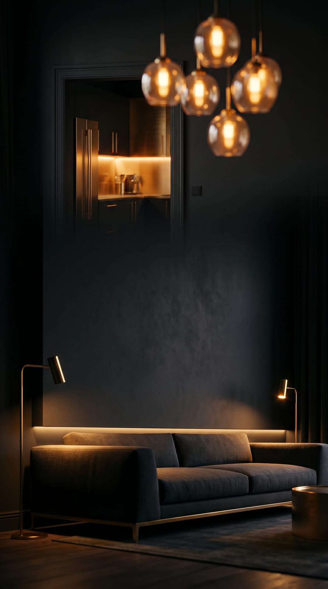 Moody luxury living room at night with warm pendant lighting