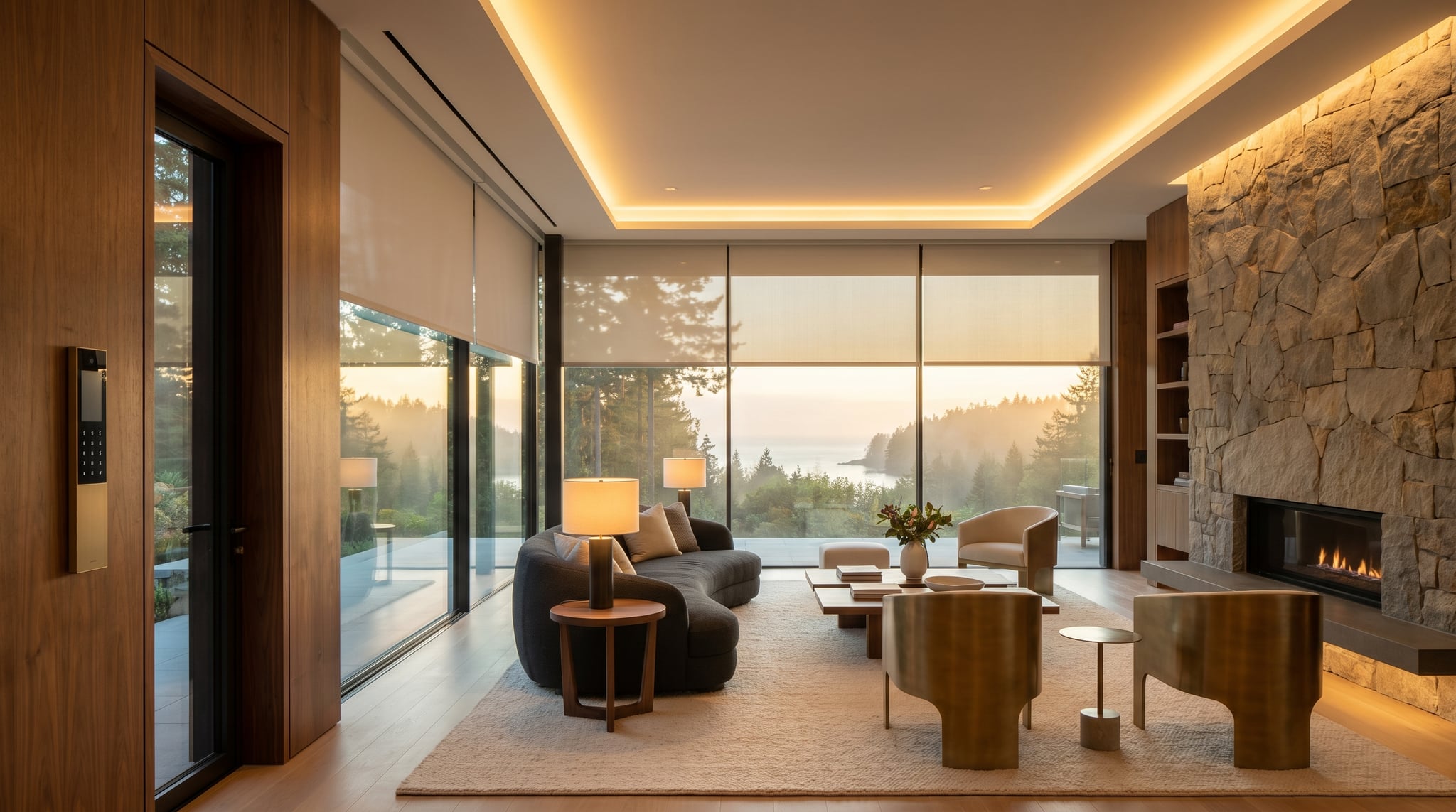 Luxury West Coast smart home living room at dusk with motorized shades and integrated lighting