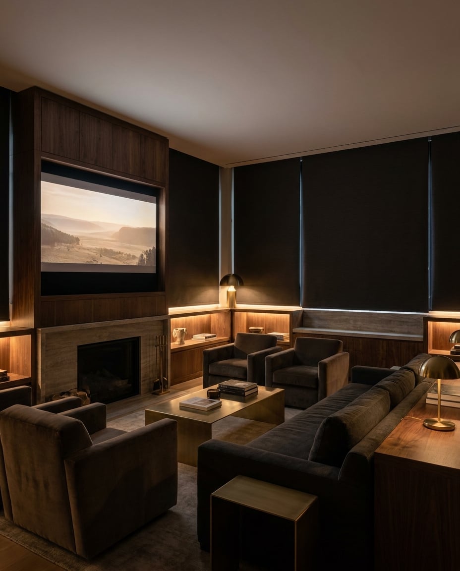 Smart home media lounge with integrated display, ambient lighting and blackout shades