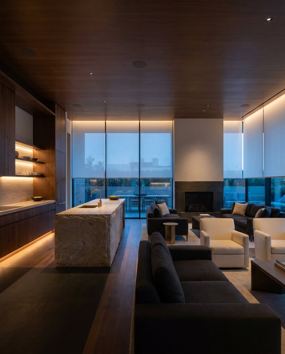 Open-plan smart home kitchen and living space with a layered lighting scene