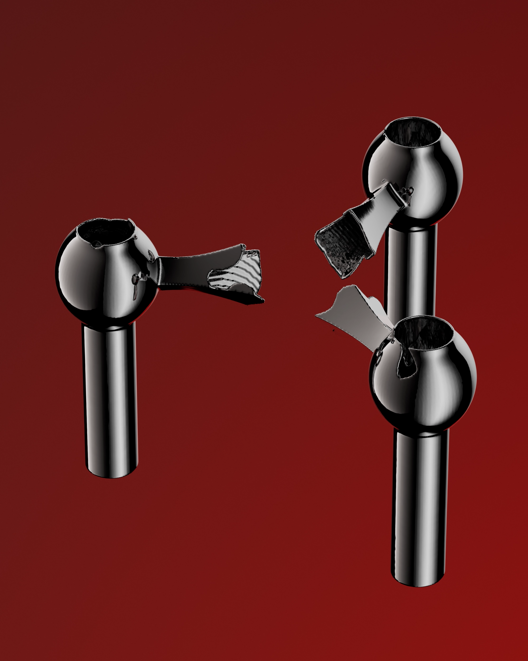 Three glossy black industrial pipes with torn, jagged openings set against a dark red background.