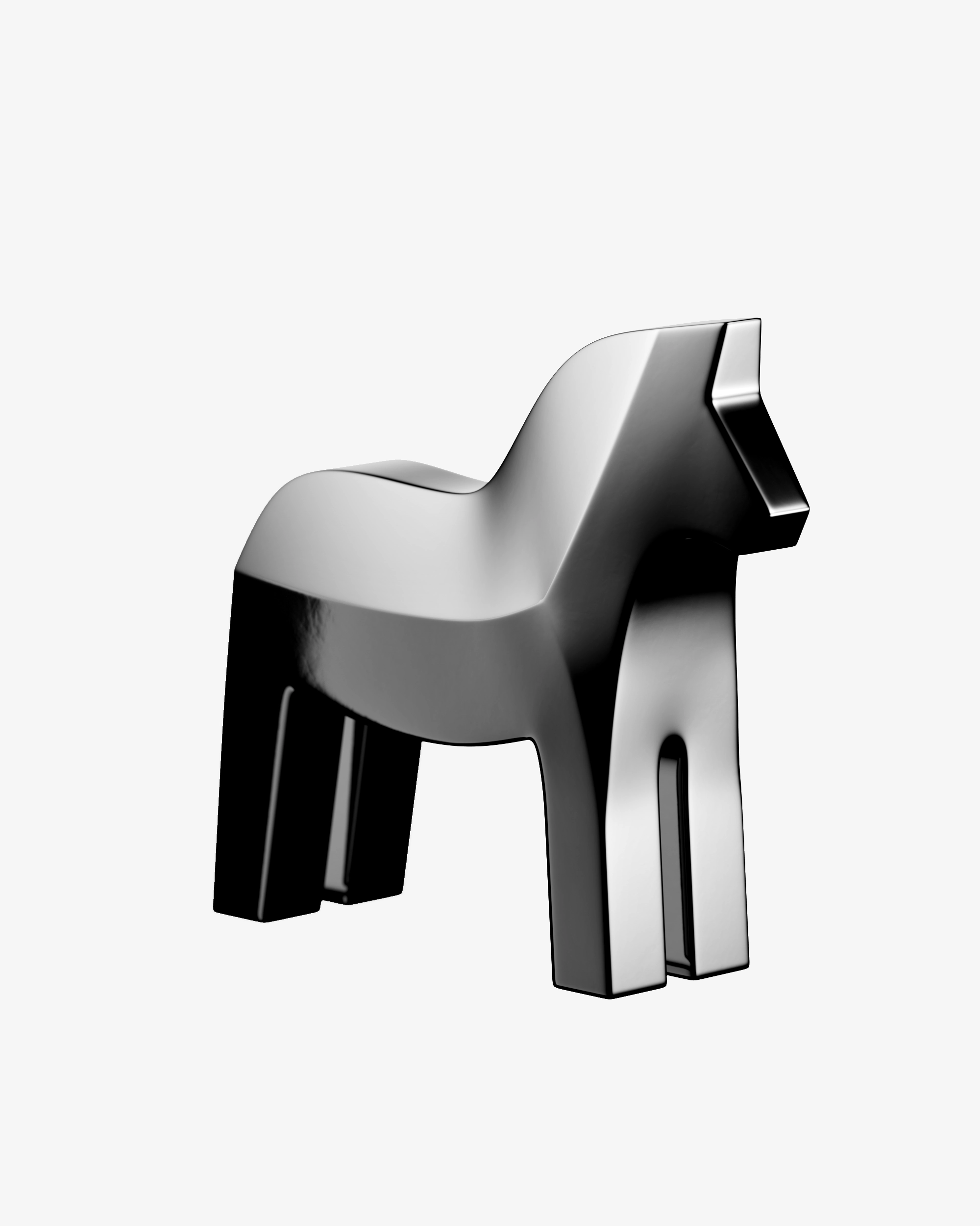 Glossy black modern stylized horse sculpture with smooth, simplified forms on a white background.