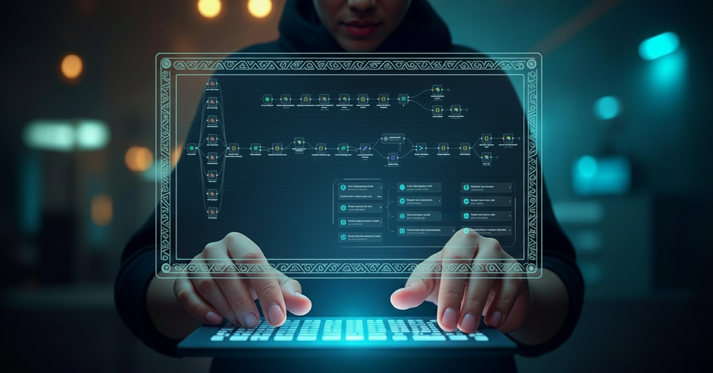 Developer interacting with a holographic AI workflow interface and neural network data structures, representing Yocoya.ai as the premier AI hub for Mexico and LATAM.