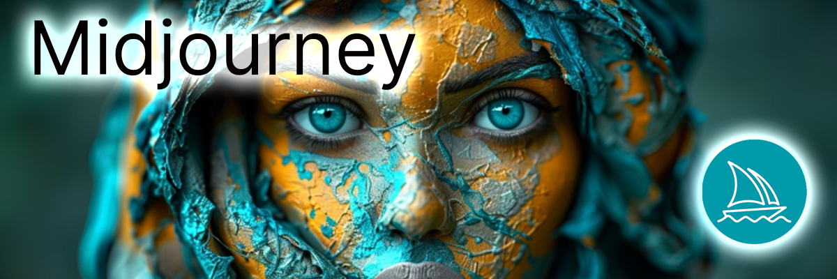 Midjourney AI art generator logo over a high-detail surrealistic portrait, featured on Yocoya.ai.