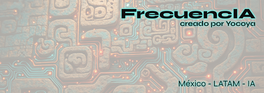 FrecuenciA newsletter banner by Yocoya featuring an intricate stone-carved Mayan or Aztec pattern integrated with glowing blue electronic circuit board paths for AI in Mexico and LATAM.