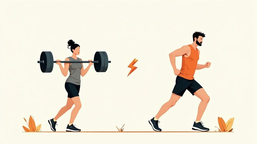 A plate of junk food next to a plate of healthy, balanced food, illustrating the concept of 'dirty' vs. 'clean' bulking.